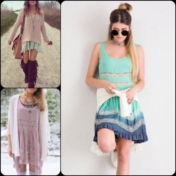 NWT Mint Navy Ombré Tiered Ruffle Hem Lace Trim Mini Slip Dress | Boho Mermaid S - Picture 11 of 12